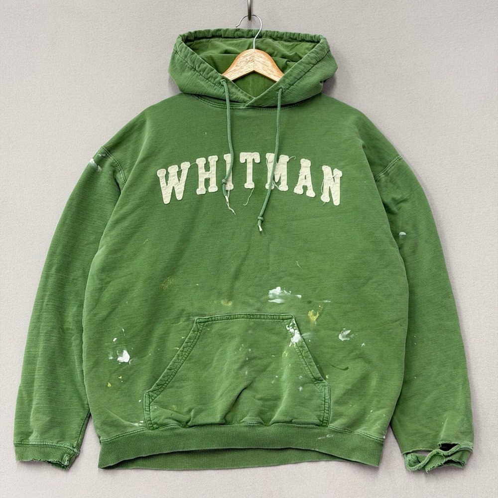 Thrashed Whitman Hoodie Mens XL Green Varsity Spellout Distressed Paint Splatter